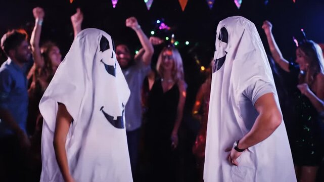 Happy young pair in silly ghost outfits are enjoying themselves and dancing together at a lively Halloween celebration amidst falling confetti