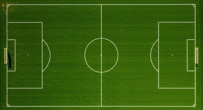 Expansive aerial view of a vibrant green sports field featuring precise white painted boundary lines and prominent yellow goalposts ready for a match, preparation, vibrant, championship