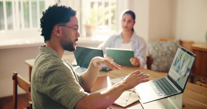 Man, teamwork and laptop with discussion in home for KPI review, startup funding or remote work. Entrepreneur, partnership or tech screen with graphs for budget planning, competitor analysis or stats - Powered by Adobe