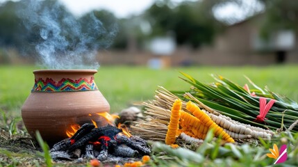 Traditional earth pot with offering for a local celebration outdoors in a field