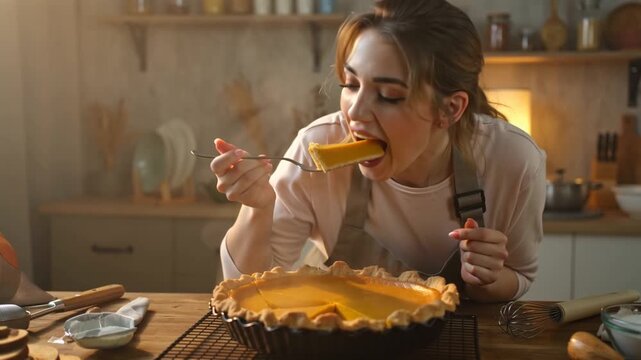 A warm and cozy kitchen setting, featuring a young female chef wearing a simple apron enjoying a slice of freshly baked homemade pumpkin pie.