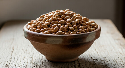traditional Moroccan clay bowl filled with argan kernels, minimal rustic setup