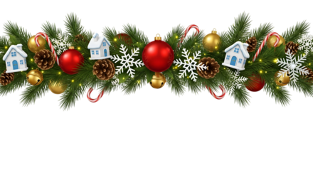 Festive christmas garland with evergreen branches, red baubles, golden bells, pine cones, snowflakes, candy canes, and miniature houses