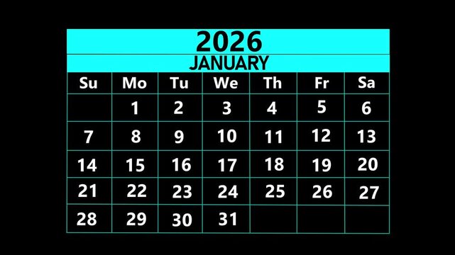 January 2026 calendar grid with cyan header on black background month date