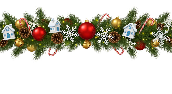 Festive christmas garland with evergreen branches, red baubles, golden bells, pine cones, snowflakes, candy canes, and miniature houses