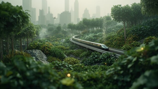 Sustainable Future City: Sleek Maglev Train Traversing a Lush Green Landscape with Urban Skycrapers and Drones