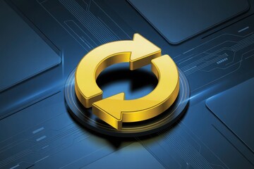 Golden recycle icon on a circuit board, symbolizing a process or circular system