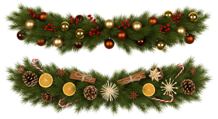 Two christmas garlands with pine cones, dried orange slices, cinnamon sticks, and ornaments