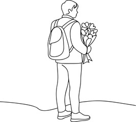 Line art student with flowers and backpack gift