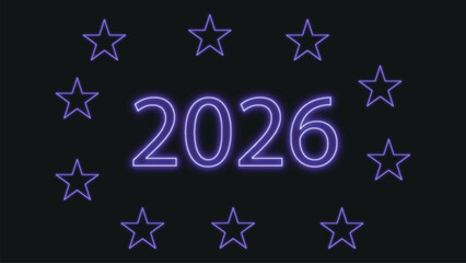 Neon purple 2026 with stars, a futuristic and festive new year design

