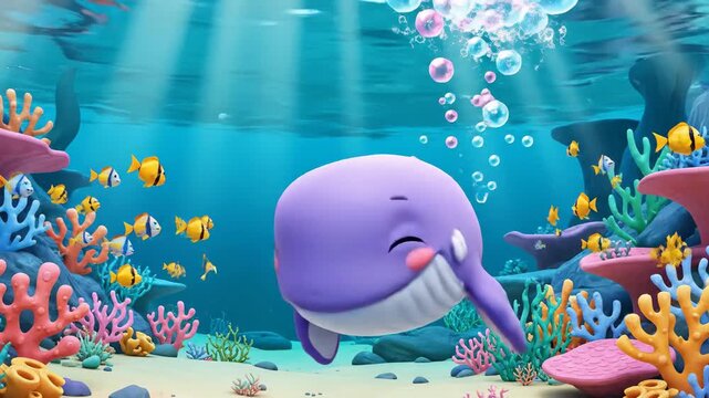 Cartoon whale swimming underwater in a colorful ocean environment