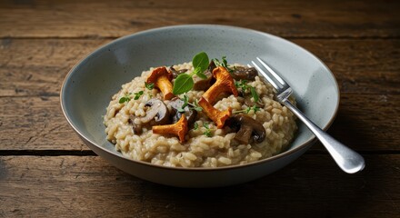 Creamy vegan risotto prepared with wild mushrooms, garnished with fresh herbs and served in a bowl on a rustic wooden surface, surface, vegetable, creamy