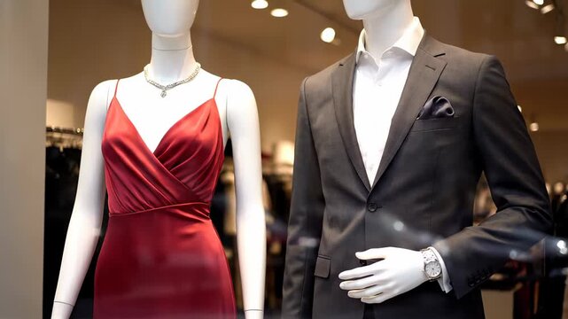 In a store window, beautifully dressed mannequins showcase formal attire. A crimson satin dress adorns the female mannequin, while the male mannequin is styled in a sleek dark suit
