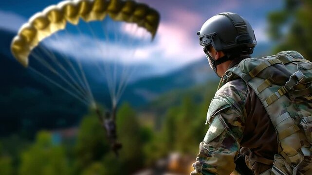 Blurred military trainee with sharp detailed parachute deployment and atmospheric elements visible, with copy space