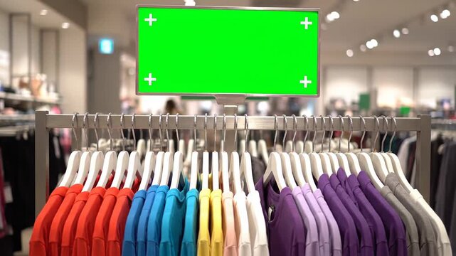 Blank green screen display with tracking markers placed above a rack of multicolored t shirts hanging in a busy clothing store