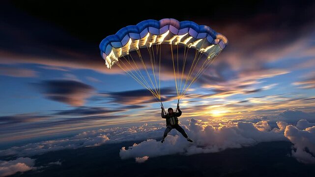 Blurred skydiver silhouette with sharp detailed view of canopy lines and atmospheric clouds around, with copy space
