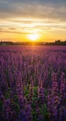 Obraz premium A stunning wide angle panoramic view showing endless rows of deep purple salvia flowers softly blurring against the bright golden summer sky ,beautiful ,flowers ,floral