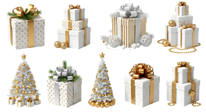 A festive collection of elegant white and gold christmas trees and gift boxes