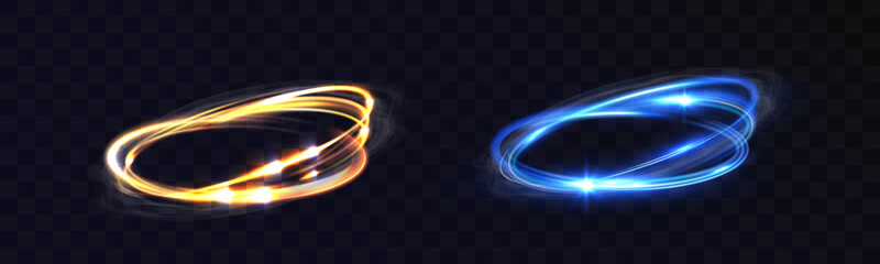 Bright energy light rings with glowing swirling vortex trails in warm golden and cool blue colors, creating dynamic circular motion effects.
