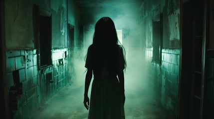 Ghostly female silhouette of a girl standing in abandoned hospital corridor with eerie green fog and atmospheric lighting creating suspenseful horror ambiance