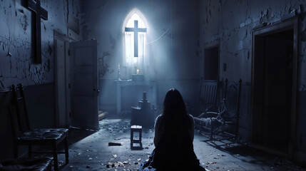 Possessed woman kneeling before glowing cross in derelict church during exorcism ritual with supernatural ethereal light and demonic presence