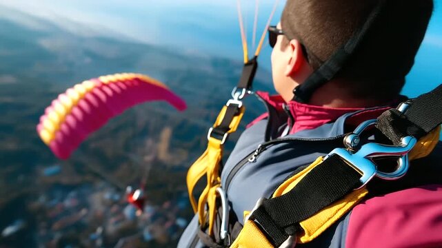 Close-up of harness straps with defocused jumper and sharp parachute dome visible overhead, with copy space