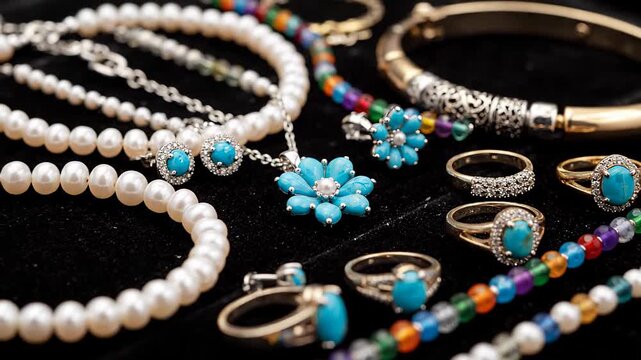 Collection of exquisite handmade jewelry pieces, featuring elegant pearl bracelets, stunning turquoise pendants, and dainty rings, showcased on a luxurious black velvet backdrop