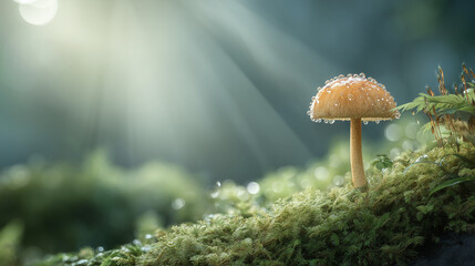 Rosnący grzyb na mchu w porannym, mglistym lesie