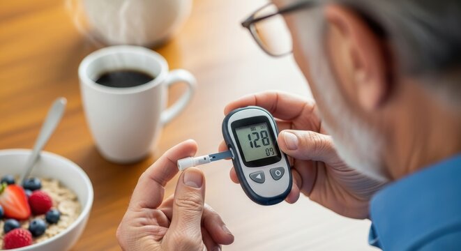 Senior man checking blood sugar level with meter before healthy breakfast and coffee managing diabetes wellness