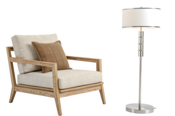 Modern armchair and floor lamp isolated on transparent background
