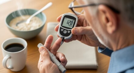 Senior man monitors blood glucose level with meter before breakfast showing a reading of 128 mgdL for healthcare and well being