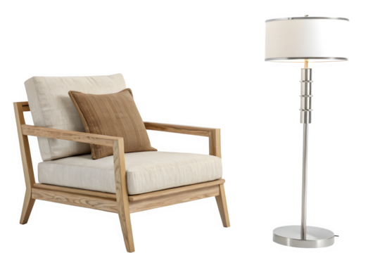 Modern armchair and floor lamp isolated on transparent background