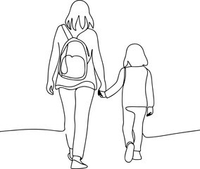 Mother and Daughter Walking Continuous Line Art