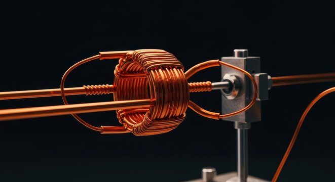 Close-up view of a complex copper wire coil setup demonstrating electromagnetic induction and energy transfer in a physics laboratory environment, abstract, generation, experiment