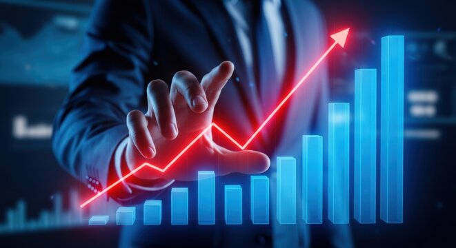 Businessman analyzes financial data on a rising graph showing successful market growth investment and economic progress