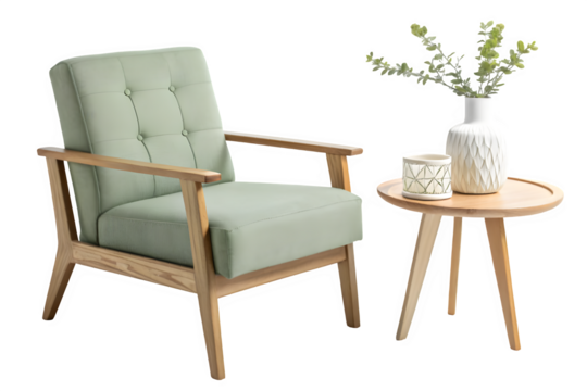 Retro armchair and side table with vase and candle isolated on transparent background