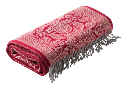 Folded red paisley throw blanket isolated on transparent background