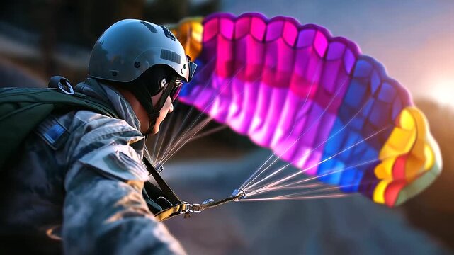 Defocused military cadet with focused colorful parachute billowing during precision landing approach, with copy space