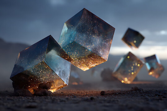 Abstract crystal cubes glowing on a desert landscape background digital art wallpaper design idea