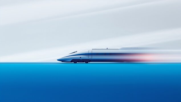 Sleek White High-Speed Bullet Train with Dynamic Motion Blur Zooming Across a Vibrant Blue and White Minimalist Horizon