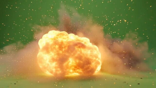 High-intensity, focused 3D explosions rendered on a clean, brightly lit green screen background for professional VFX compositing.
