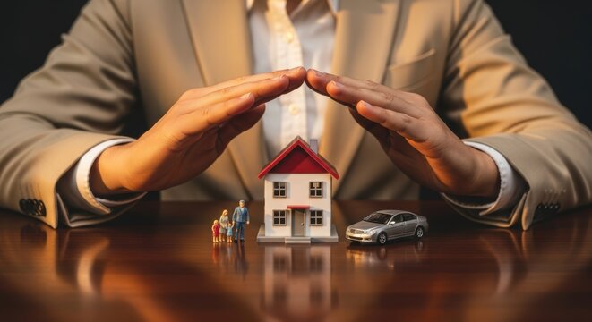Hands protect miniature house car and family representing home investment security or insurance covering assets and loved ones future - Powered by Adobe