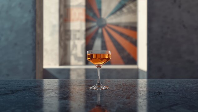 Elegant Amber Cocktail in a Coupe Glass on a Reflective Bar, Set Against a Blurred Vintage Radial Target Background