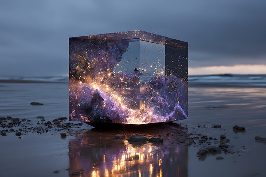 Beach landscape with galaxy cube reflection art wallpaper background stock photo image design