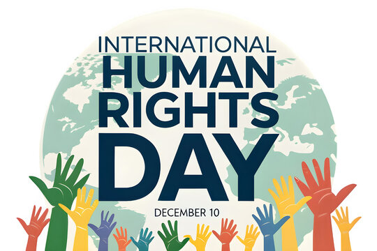 International human rights day with diverse hands raised isolated on transparent background