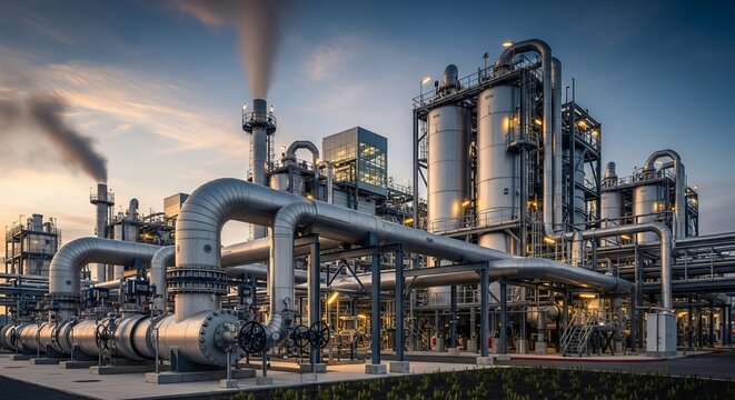 Industrial chemical plant with large pipes and towers emitting steam at sunset with dramatic sky