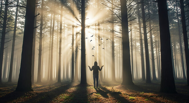 A lone hiker stands in a dense forest bathed in the ethereal glow of sunbeams piercing through the tall trees creating a magical and serene atmosphere - Powered by Adobe