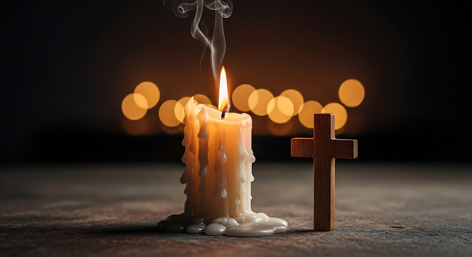 A lit candle with a wooden cross and smoke rising in a dark room with soft bokeh lights in the background representing remembrance and faith