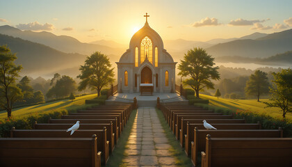 Majestic chapel bathed in golden sunrise light with rows of wooden pews leading to the entrance nestled amidst rolling hills and misty mountains creating a serene and spiritual atmosphere