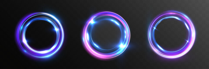 Glowing light vortex ring with neon purple and blue swirl, luminous circular motion and energy halo.
